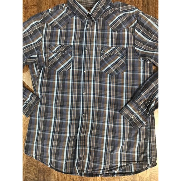 Ben Sherman Shirt Large Brown Blue Plaid Western Cowboy SmokiePearl Snaps Sz L - Picture 3 of 10